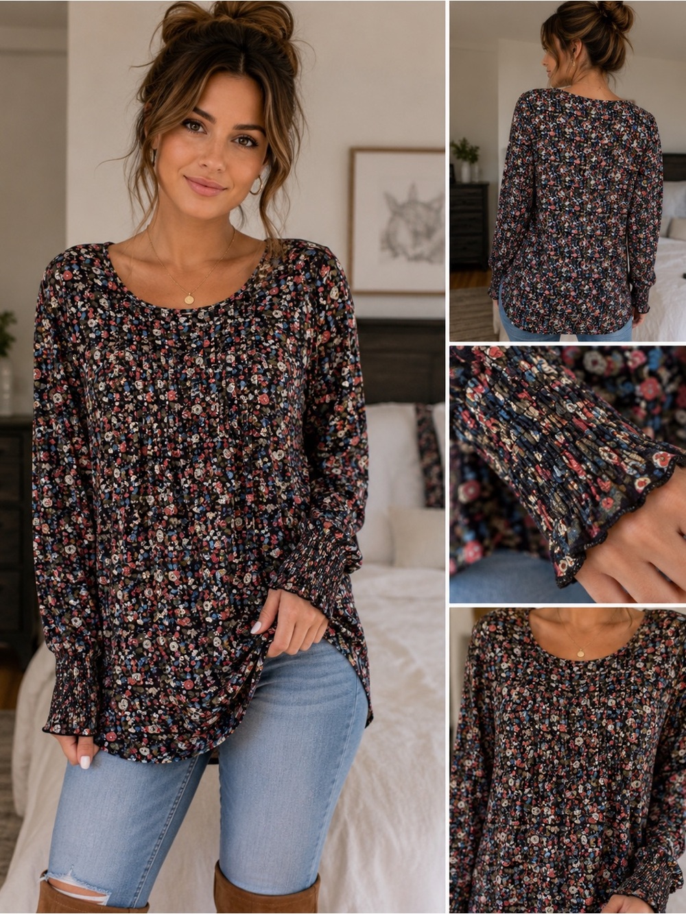 Floral Smocked Long-Sleeve Top - Black Multi LOMON EUC